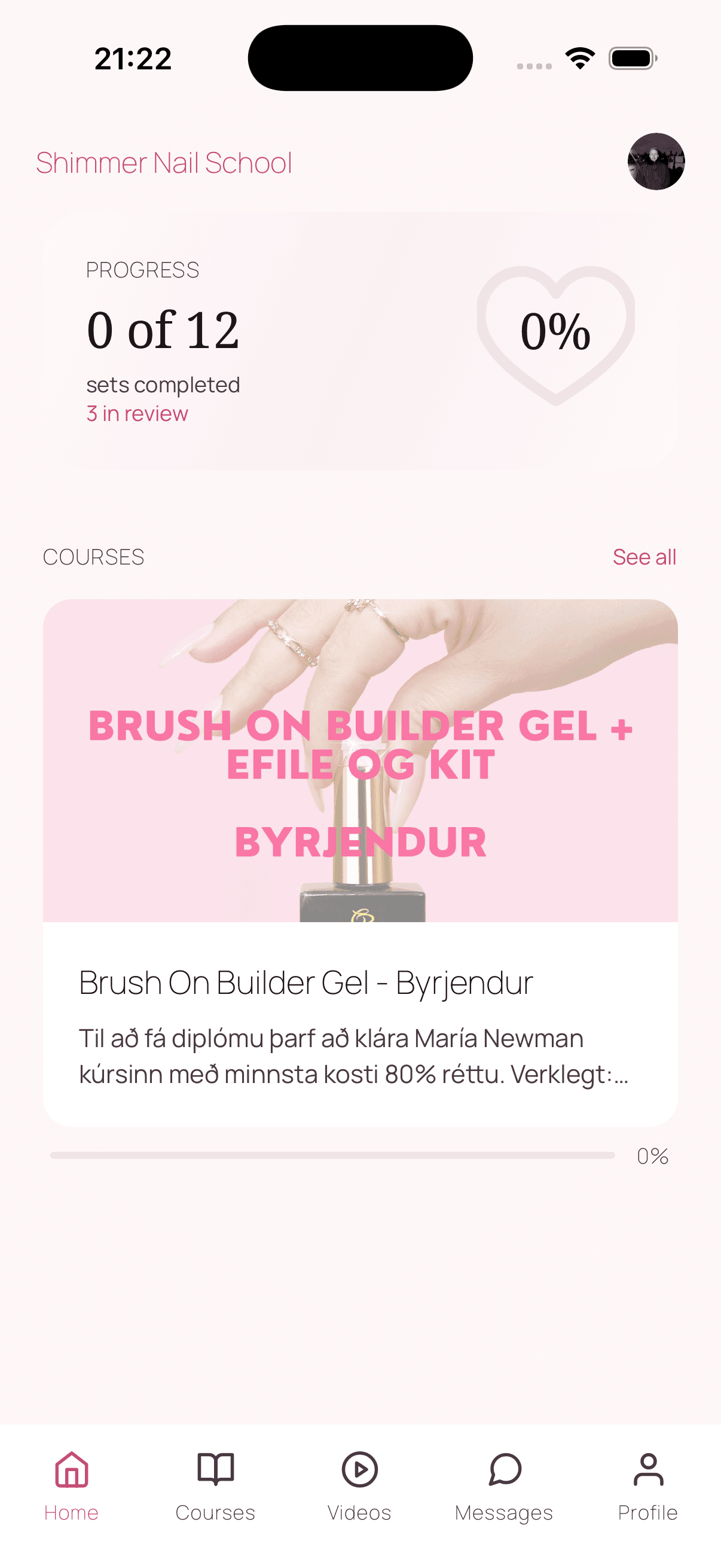 NailWise student dashboard showing course progress